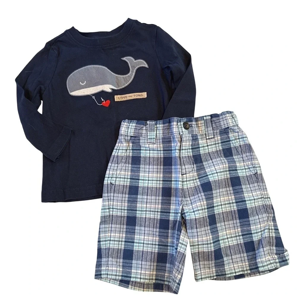 Janie & Jack Baby Boys Whale Long Sleeve Shirt Plaid Shorts Set‎ 18-24 M Outfit